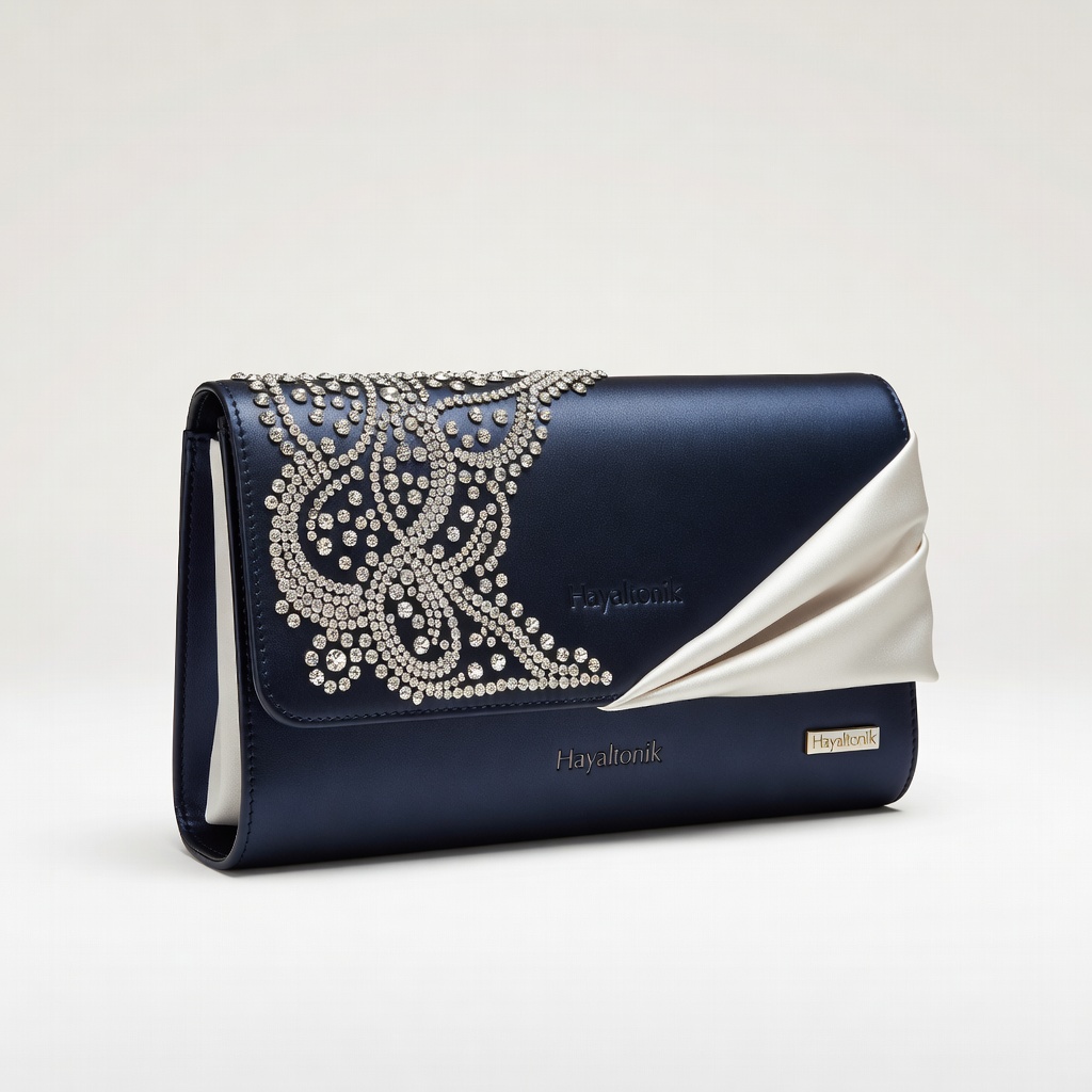Kristal Taşlı Saten Clutch Çanta